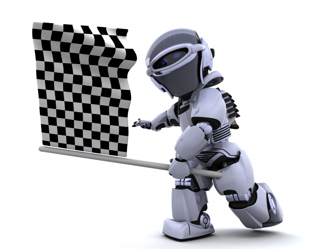 Robot waving chequered flag
